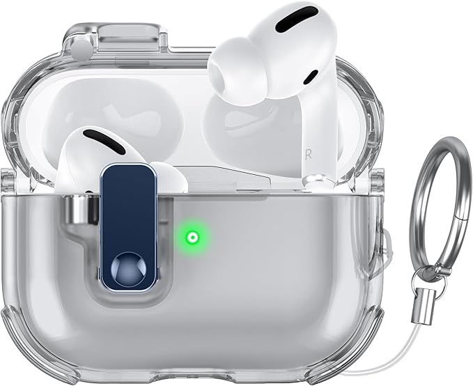 Case for AirPods Pro Case Cover with [Lock Safety & Pop Up][Military Shockproof] Anti-Yellow Transparent Soft TPU Wireless Charging for AirPods Pro Generation Case with Keychain,Clear Black
