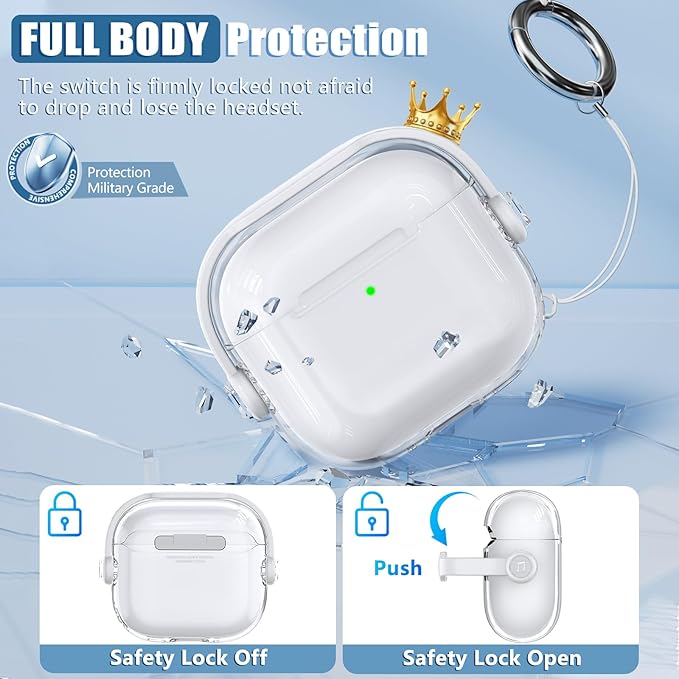 Safety Lock for Airpods 4 Case,TPU Clear Cases for Apple Airpods 4 USB-C with Cleaner Kit, Drop Protection Airpods 4 Case Cover for Men for Women with Lock and Keychain,Clear+White