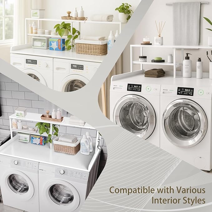 Washer and Dryer Countertop with Shelf, 2-Tier 54" x 27.5" Wood Laundry Countertop, Washer Dryer Topper with High Edge Rails and Hooks, Non-Slip Pads, Waterproof & Heat Resistant Top (White)