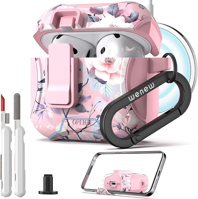 wenew Compatible with AirPods 4th Generation Case Cover with Phone Stand, Cleaner, Clip, Compatible with Magsafe Charger, One-Click Pop Open Lock iPod 4th Case (Pink 2, AirPods 4th)