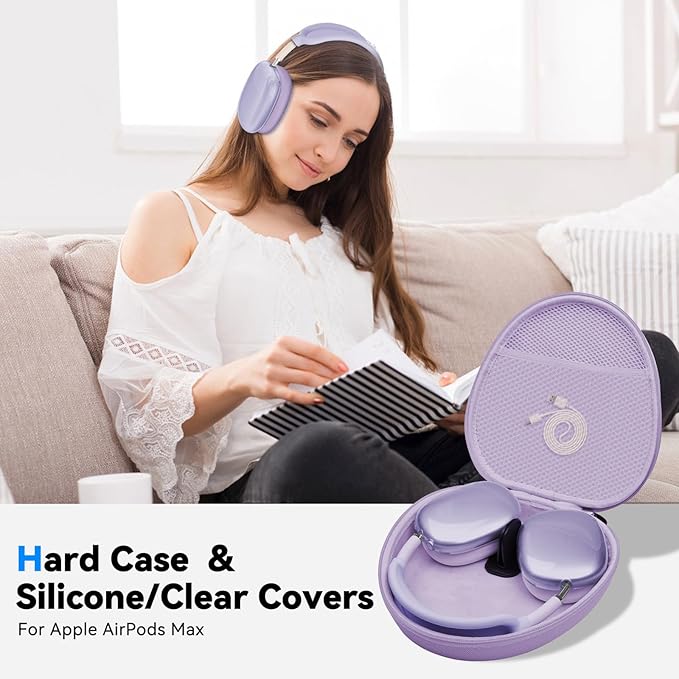 Hard Case for AirPods Max Supports Sleep Mode,Travel Carrying Headphone Case with AirPods Max Clear Ear Cups Cover/Silicone Earpad Case/Headband Cover,AirPod Max Protective Portable Storage Bag,Purple
