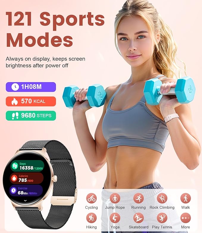 Smart Watches for Women, 1.43" AMOLED Screen Bluetooth Call Smartwatch, 120+ Sports Modes Fitness Tracker, Blood Oxygen Heart Rate Sleep Monitor for Android iOS Black Gold 2026