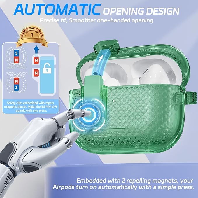 for AirPods Pro 2 Case with Phone Stand & Secure Lock, Auto-Open Clear Cover Compatible with Apple AirPods Pro 2nd/1st Gen (2023,2022,2019) with Cleaning Kit & Keychain (W-Green)