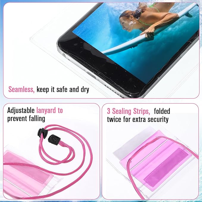 Flutesan 50 Pack Clear Waterproof Phone Pouch Universal Waterproof Phone Case Waterproof Pouch Dry Bag with Lanyard for Water Games Protect(Transparent and Pink)