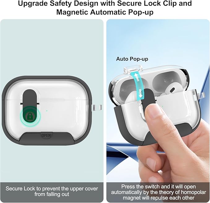 for Airpods Pro 3 Case Clear,Secure Lock for Airpods pro 3rd Generation Case Cover with Phone Stand and Magsafe Function,Auto Pop-up,Hybrid Protection Design with Carabiner&Cleaning Pen-Black