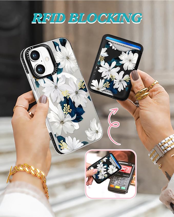 Toycamp for iPhone 17 Case - Compatible with Magsafe Credit Card Holder Wallet Magnetic Cute Women Teen Girls Kawaii Girly Unique White Flower Design Phone Cover for Apple 17 Air