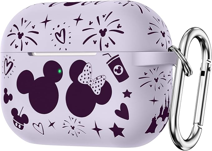 Compatible with Airpods Pro 2nd/1st Generation Case Cover with Keychain, Women Men Soft Silicone Two-Tone Cute Cartoon Engraved Convenience Protective Case, Front LED Visible Lavender/Purple