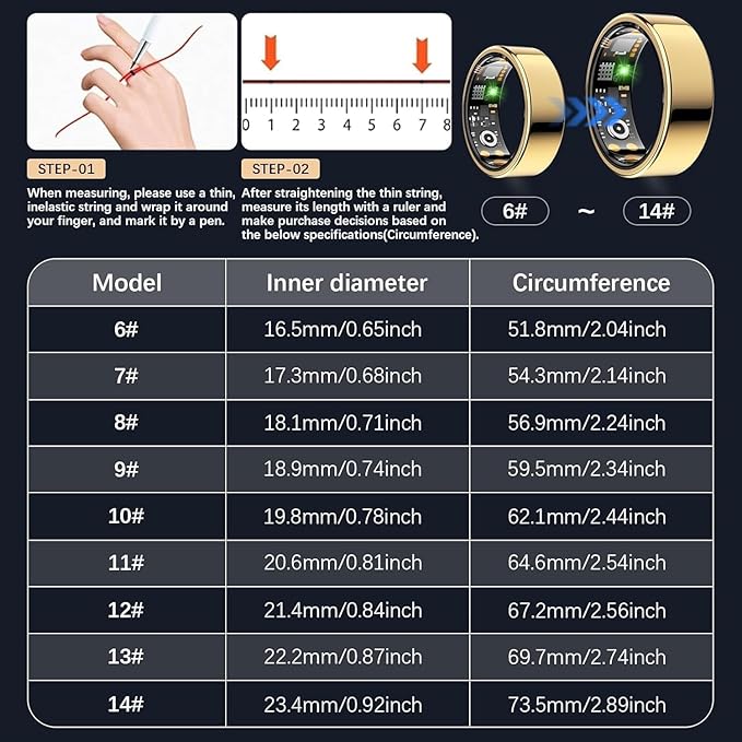 Health Tracker Ring, Smart Health Ring for Women Men with Heart Rate, Blood Oxygen, Sleep Monitor, Steps,Calories, No Subscription Fee, IP68 Waterproof Smart Ring for iphone & Android (Gold, 7#)