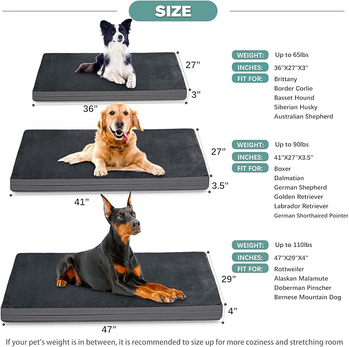 Waterproof Dog Bed Large Medium Sized Dogs, Orthopedic Washable Crate Pad 36 inch, Foam Pet Bed with Removable Cover Reversible, Anti-Slip Kennel Pad, 35"x22", Dark Gray