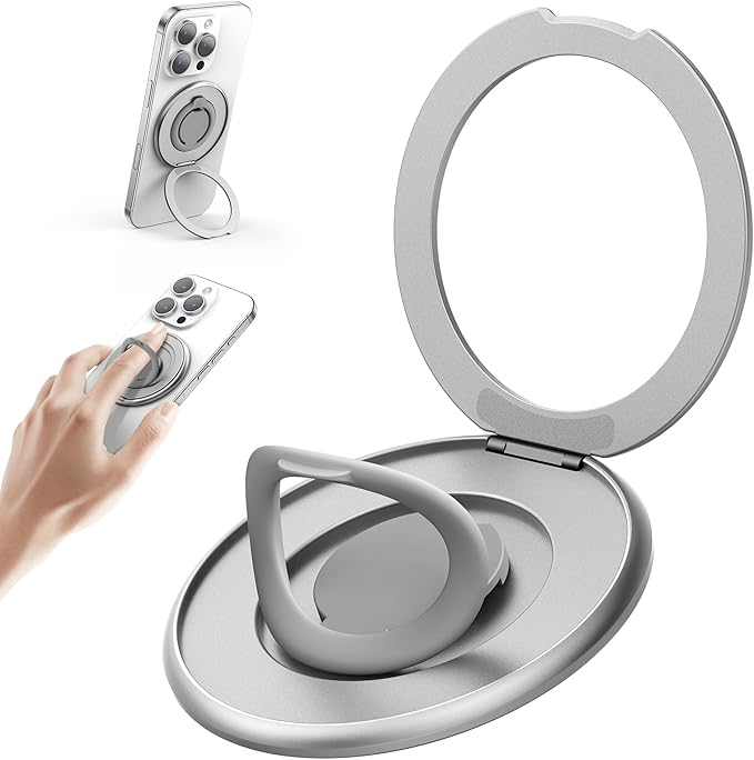 SURPHY Magnetic Phone Ring Holder for MagSafe, Cell Phone Grip Stand and Silicone Finger Ring Compatible with MagSafe Accessories, Kickstand for iPhone 16 15 14 13, Silvery