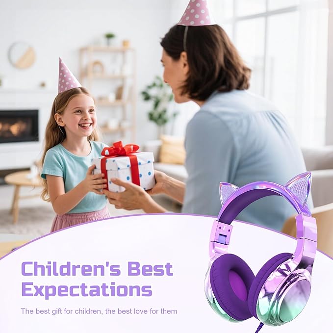 QearFun Kids Cat Ear Headphones Wired with Mic, 85/94dB Safe Volume Limit, Sparkly Wired Headset, Foldable, Sharing Port & Tangle-Free Cord for School, Chromebook, Tablet, Travel, Boys & Girls