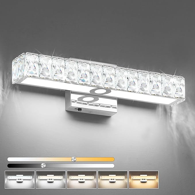 SOLFART Crystal Vanity Lights for Bathroom, 5 Color Adjustable Dimmable,16.5 Inch LED Bathroom Vanity Light Fixtures 5CCT