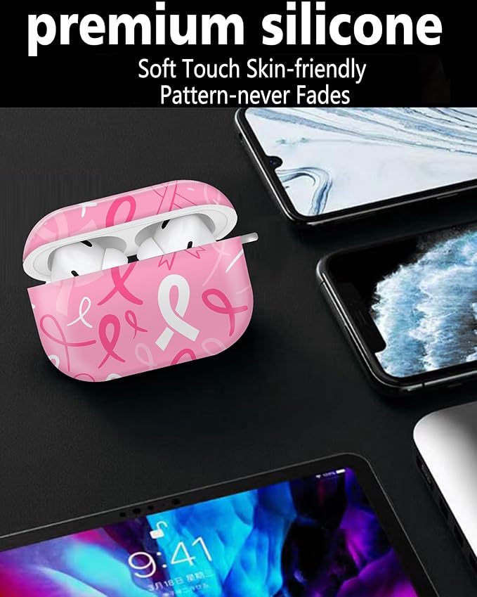 Cute Hard Case Compatible with AirPods Pro 2nd/1st Generation, Protective Cover with Golden Keychain, Fits 2023/2022/2019 Models, for Women, Girls, and Men(Pink Ribbon)
