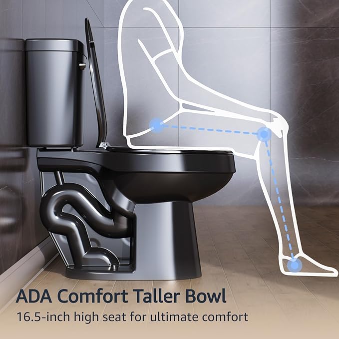 ELLAI Two Piece Elongated Toilets ADA Chair Comfort Height 16.5" Powerful Single Flush 1.28 GPF 12” Rough In with Side Trip Lever, Glossy Black 28.3"x17.2“x31"