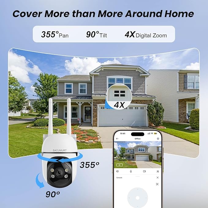 WiFi Security Cameras Wireless Outdoor, Plug- in Wired Security Camera Outdoor, 24/7 Recording, PTZ, 2.4Ghz WiFi Only, 2K HD Color Night Vision, Human Detction, No Monthly Fee, 2-Way Talk, 4 Packs