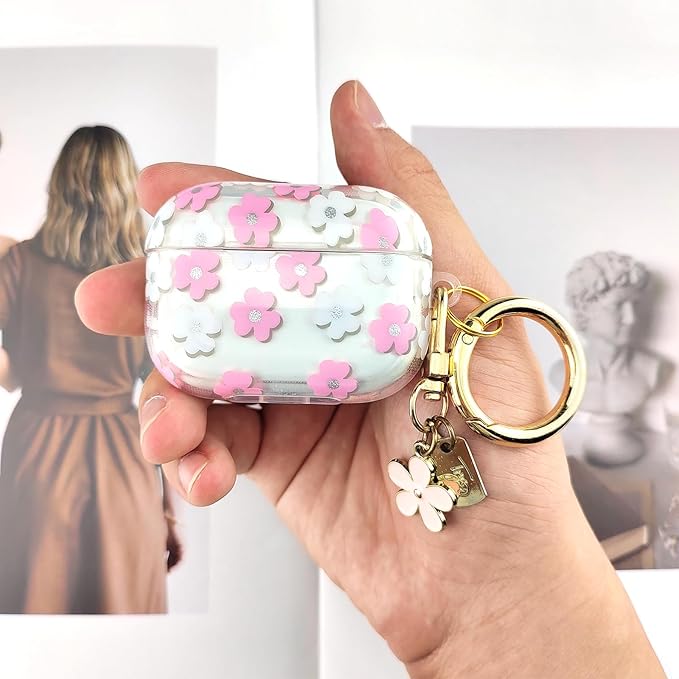 Compatible with AirPods Pro 2 Case Cover 2022, Soft TPU with Cute Flower Pattern for AirPods Pro 2nd/1st Generation Case with Flower Keychain and Carabiner for Girls Women (Pink)