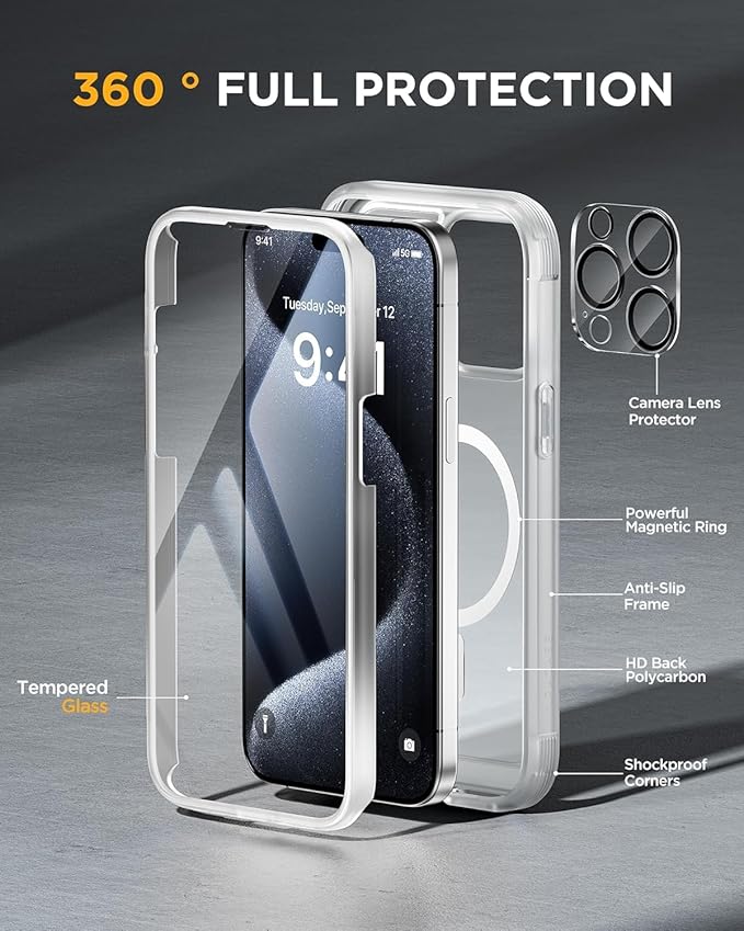 Miracase Magnetic for iPhone 15 Pro Max Case 6.7'' [Compatible with Magsafe] Full-Body Drop Proof Phone Case for iPhone 15 Pro Max with Built-in 9H Tempered Glass Screen Protector,Matte White