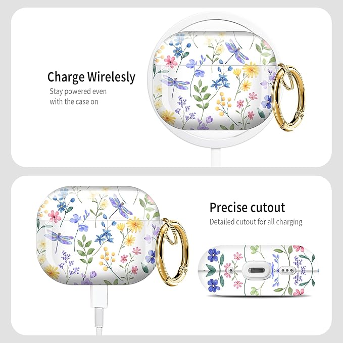 Cute Hard Case Compatible with AirPods Pro 3rd Generation Case (2025), Shockproof Protective Cover with Golden Keychain Ring Clip (Watercolor Flowers)