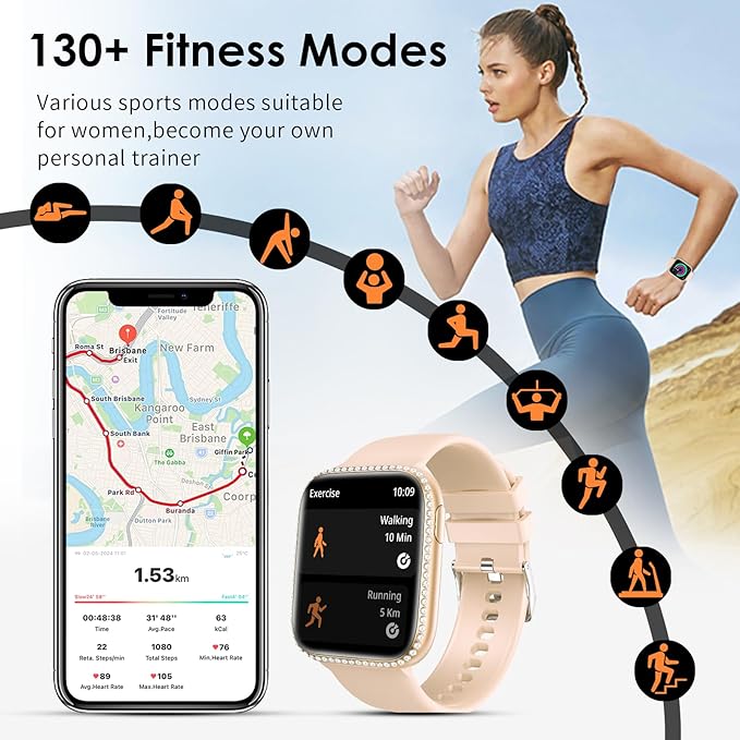 Smart Watch for Women, 1.75" AMOLED Fitness Tracker for Android iOS, Answer/Make Call with Heart Rate Sleep Monitor 130+ Sports Mode, IP68 Waterproof Smartwatch (Orange Band)