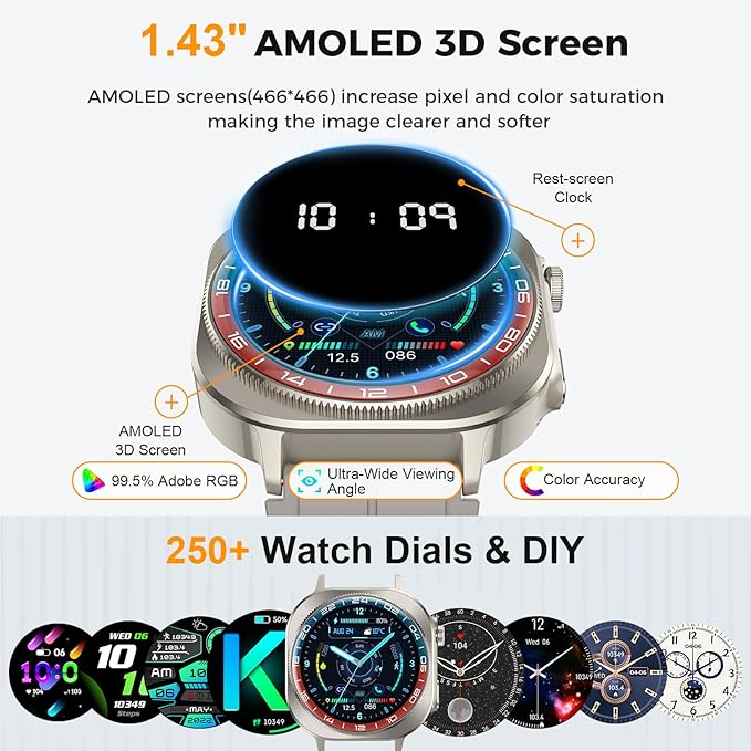 Smart Watch, 2026 AMOLED 1.43" Smartwatch for Men Women(Answer/Make Call), 60 Days/130+ Sports/Flashlight, Heart Rate/Sleep Monitor, IP68 Waterproof Fitness Activity Tracker for Android iOS
