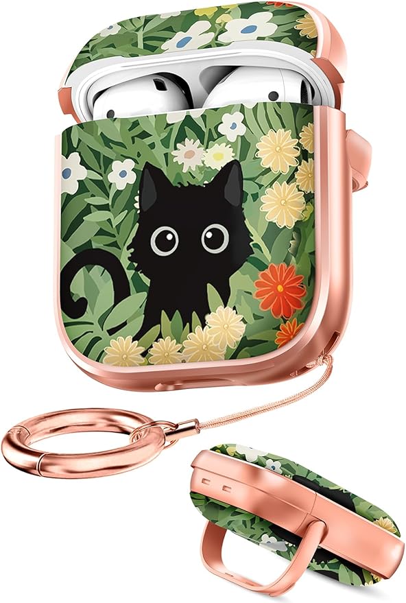 Coralogo for AirPods 2/1 Case with Safety Lock - Cute Cartoon for AirPods 1st/2nd Generation for Women Girls Fashion Stylish Cat Flower Pattern Design Kawaii Girly Girlish Hard Protective Cover
