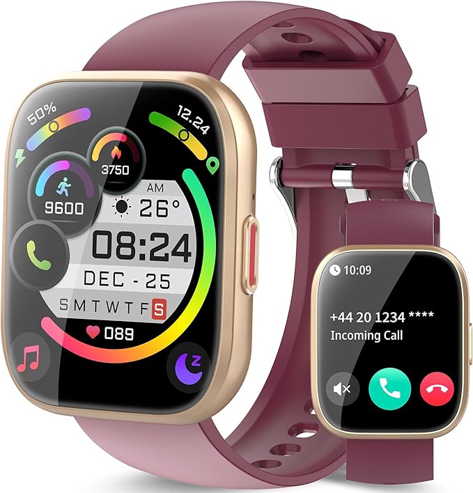 aycy Smart Watch for Men Women Bluetooth Call, 1.85" HD Touch Screen Fitness Watch with Sleep Heart Rate Monitor, 112+ Sports Modes, IP68 Waterproof Activity Trackers for Android iOS, Burgundy