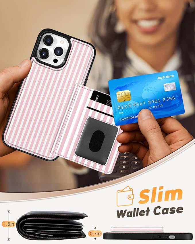 for iPhone 13 Pro Max Case with Wallet - Fits 4 Card Slots, Compatible with MagSafe for Women Aesthetic Durable PU Leather Credit Card Holder Kickstand Phone Cover for Apple 13 Promax, Stripe