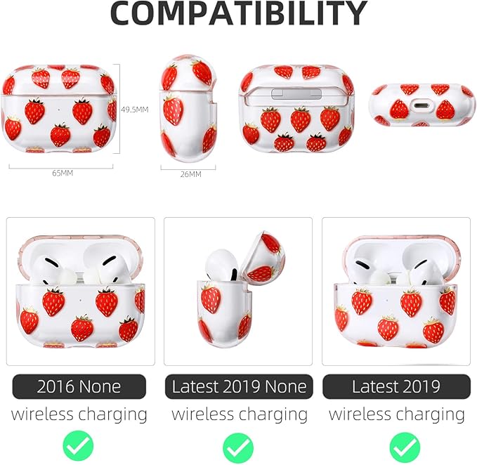 Compatible with Apple Airpods Pro Case for Women, Clear with Designs Patterns Hard PC Shockproof [Front LED Visible ] Anti-Fall Full Protector, Strawberry