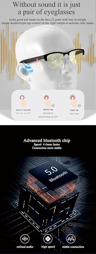 AI Bluetooth Glasses,New Wireless Bluetooth Smart Audio Glasses with Speakers,Men's/Women's Indoor and Outdoor Entertainment Smart Glasses,Including 2 Magnetic Charging Wires(Silver,Clear)