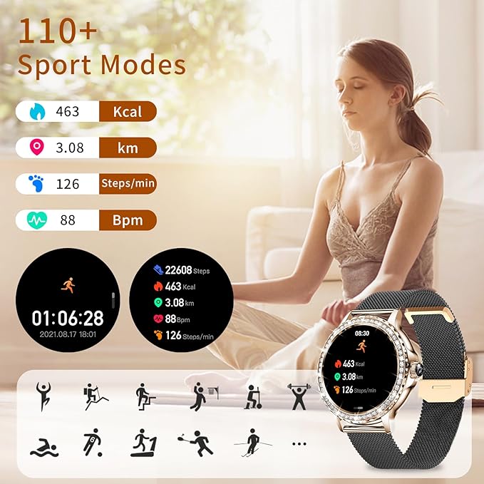 Smart Watches for Women (Answer/Make Calls), 1.3” Fitness Tracker Watch with Heart Rate/Blood Pressure/SpO2/Sleep Monitor, IP68 Waterproof Smart Watch for Android Phones and iPhone - Rose Gold Black