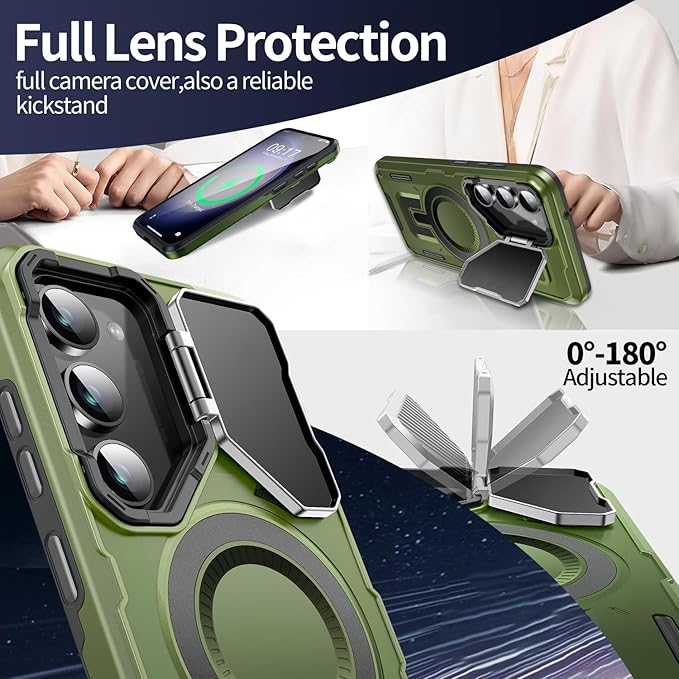 Camera Stand Case for Galaxy S23 Plus, [Compatible with Mag Safe][Lens Cover] 2024 Version Military Grade Protective Soft Case for Samsung Galaxy S23 Plus 6.6" Men Women, Green