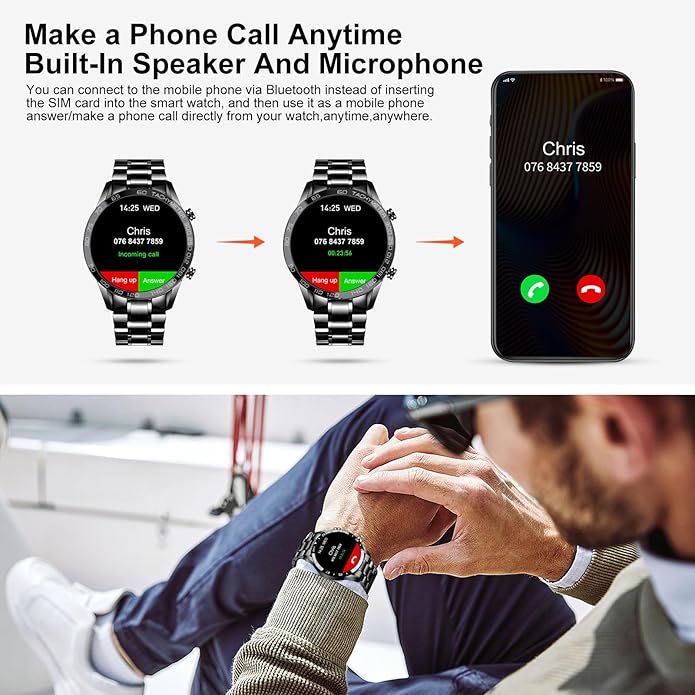 FILIEKEU Men Smart Watch for Android iOS, Bluetooth Calls Voice Chat with Heart Rate/Sleep Monitor Fitness Tracker, 1.3" Full Touch Screen IP67 Waterproof Stainless Steel Activity Tracker for Men
