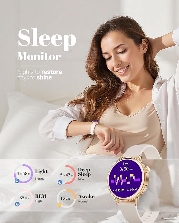 TOOBUR Petite Smart Watch for Women, 1.1'' AMOLED Screen Smartwatch, Android & iOS Phones Compatible, Answer/Make Calls, Fitness Tracker with Heart Rate/Step/Calories Monitor, 100+ Sports Modes, Beige