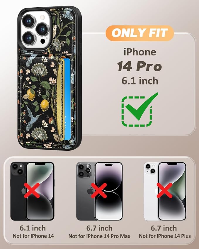 for iPhone 14 Pro Case with Wallet - Fits 4 Card Slots, Compatible with MagSafe for Women Aesthetic Durable PU Leather Credit Card Holder Kickstand Phone Cover for Apple 14 Pro, Lemon Bird