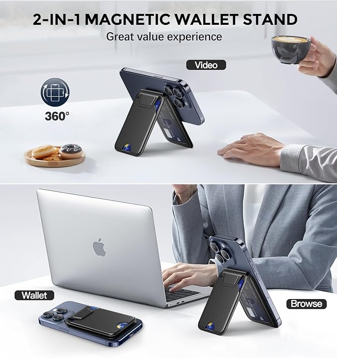 Upgraded Mag-Safe Wallet with Flap, 5 Card Holder, Magnetic Phone Wallet with Adjustable Stand, Slim for iPhone 17/16/15/14/13/12 Series, RFID Blocking, Leather - Black, Not for 13/12 Mini
