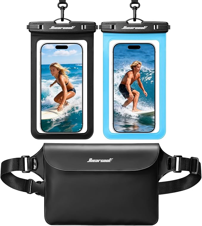 Hiearcool Waterproof Phone Pouch, IPX8 Waterproof Phone Case for iPhone 17 Pro Max, Cell Phone Dry Bag Plus Waterproof Fanny Pack Dry Bag with Privacy Front and Clear Back for Beach Cruise