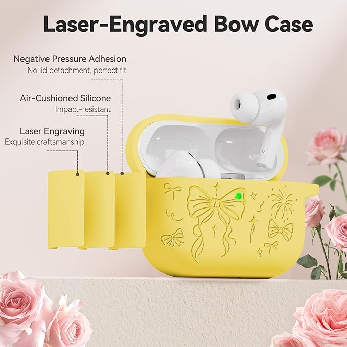 for Airpods Pro 3 Case Cover, Joremx Cute Bow Engraved Silicone Protective Case Cover with Keychain, Cleaner Kit for Airpods Pro 3rd Generation (2025) (Yellow)
