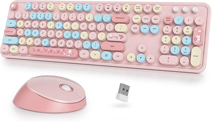 Wireless Keyboard Mouse,104 Keys Retro Typewriter Pink