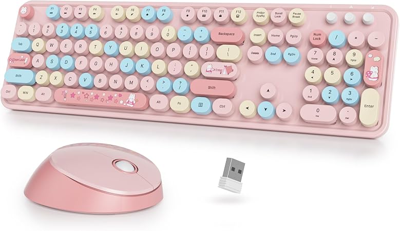 Wireless Keyboard Mouse,104 Keys Retro Typewriter Pink
