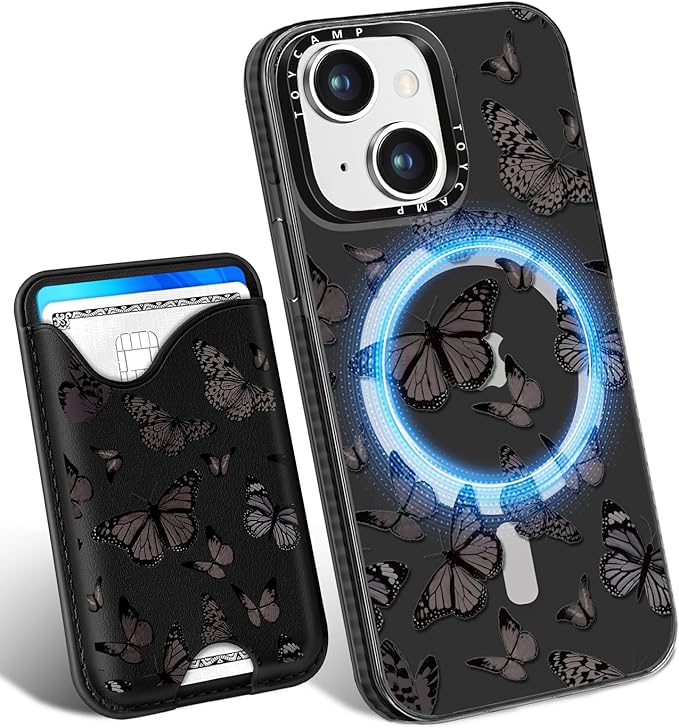 Toycamp for iPhone 14 Plus Case - Compatible with Magsafe Credit Card Holder Wallet Magnetic Cute Women Teen Girls Kawaii Girly Unique Black Butterfly Design Phone Cover for iPhone 14 Plus