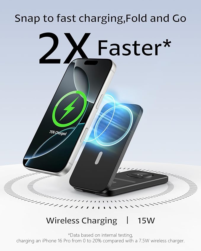 3 in 1 Qi2 Magnetic Wireless Charging Station for Apple Devices, Foldable Travel Charger Stand for iPhone 17/16/15/14/13/12 Series, Apple Watch Ultra/10/9/8/7/6/SE & AirPods Pro/4/3