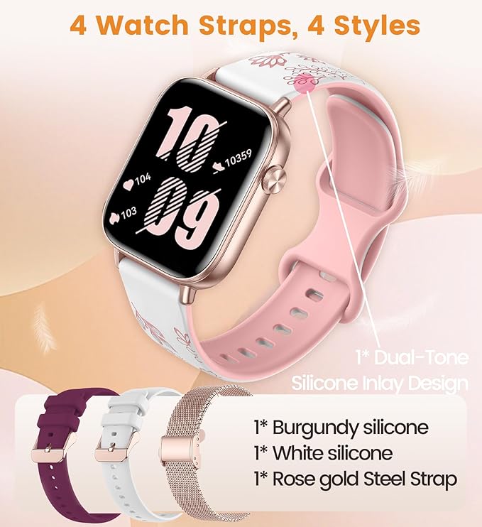 Smart Watch for Women (Answer/Make Calls),1.83" Touch Screen Fitness Tracker with 4 Bands, Heart Rate/Sleep/Step Tracking, 100+ Sports Modes Smartwatches for Android iOS (Rose Gold)