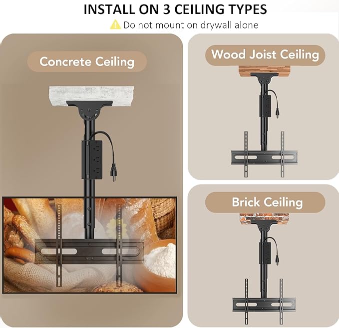 AX WABER Ceiling TV Mount with Power Outlet for 27-65 inch Flat Screen Displays, Max VESA 400x400mm, Hang Adjustable Ceiling TV Bracket Fits Most LCD LED TVs, Pole Ceiling Mount Holds up to 110lbs