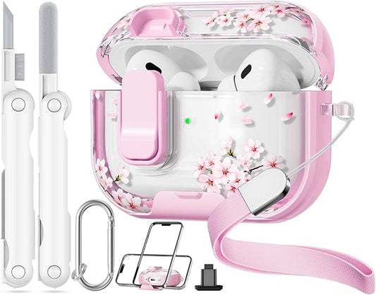 with Safety Lock for AirPods Pro 2nd 1st Generation Case Cover,Clear Floral Cute AirPods Pro 2 Case with Phone Stand & Cleaning Kit for AirPod Pro Case for Women Girly-Blossom