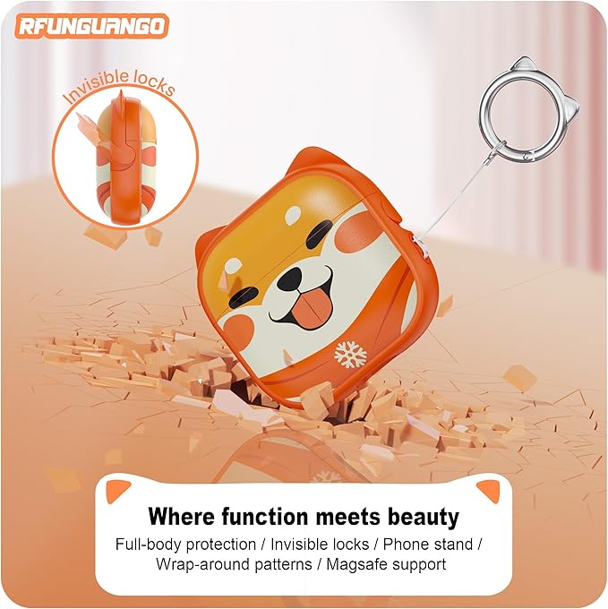 RFUNGUANGO AirPods 4 Case for Women Girly Cat Case with Lock, Phone Stand, Keychain & Cleaner Kit, Compatible with Apple Airpods 4th Generation Case Cover, Orange Cute Dog