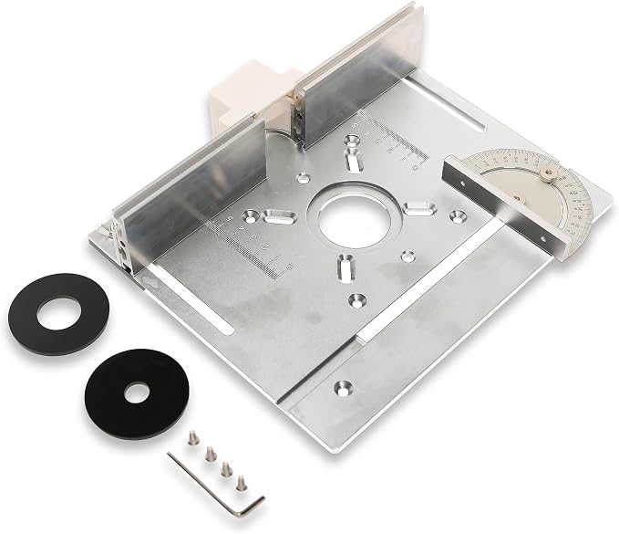 Elestoria Aluminum Router Table Insert Plate | Router Flip Plate for Woodworking Benches| Miter Gauge Guide, Sliding Fence Brackets, Tenon Ruler | Versatile Trimming Engraving Table | Silver 111