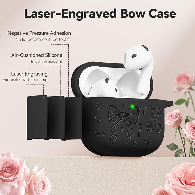 for Airpods 4 Case Cover, Joremx Cute Bow Engraved Silicone Protective Case Cover with Keychain, Cleaner Kit for AirPods 4th Generation Case 2024 (Black)
