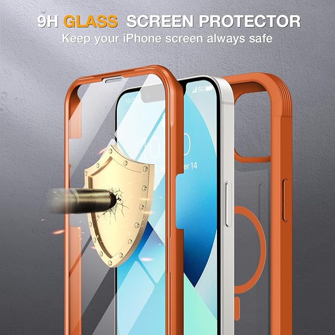Miracase Compatible with iPhone 13 case 6.1 inch, 2021 Upgrade Full-Body Glass Clear Case Bumper Case with Built-in 9H Tempered Glass Screen Protector for iPhone 13,Orange