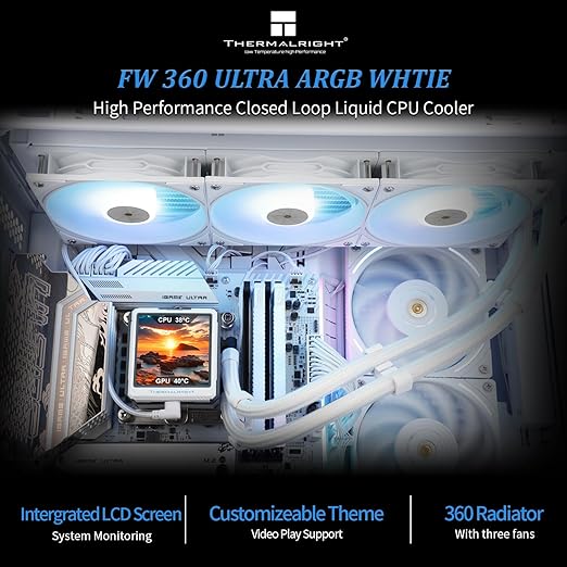 Thermalright FW360 Ultra ARGB White CPU Water Cooler with 3 PWM Fans with 2000RPM,IPS LCD Screen with 480x480 Resolution,Liquid CPU Cooler for AM5;Intel LGA1700/1851,2.88-inch LCD Display