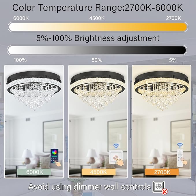 Dia 24" Modern Crystal Chandeliers for Dining Room,Black Raindrop Chandelier Flush Mount Chandeliers for Living Room Bedrooms Dining Room Dimmable 2700k 4500k 6000k